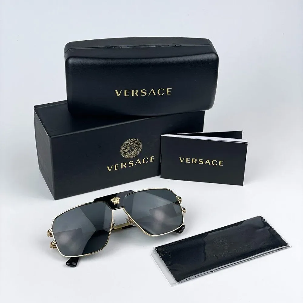 NEW Versace VE2251 100287 Gold Dark Grey Metal Pilot Men Sunglasses